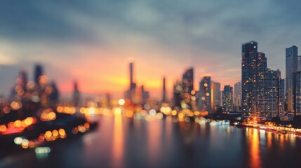 Obraz premium Blurry city skyline at sunset with shimmering lights reflecting on water, showcasing urban beauty.