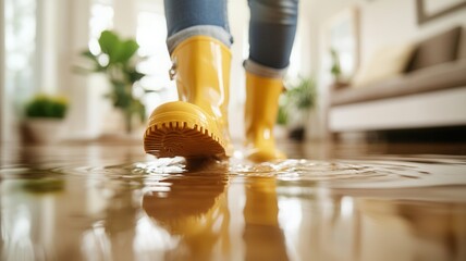 Female navigating wet hardwood floor, wearing bright yellow rain boots following residential water damage or plumbing mishap