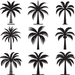 Palm tree silhouettes on a tropical summer landscape with beach and nature elements