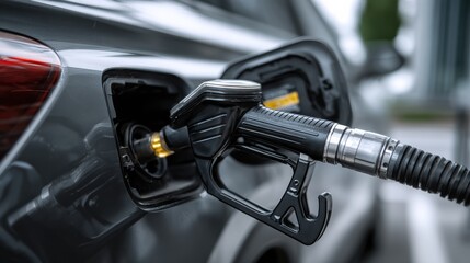 Obraz premium Close-up of a fuel nozzle inserted into a car's gas tank, emphasizing the refueling process automotive industry.
