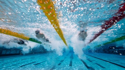 Professional swimmers racing in a swimming pool underwater view