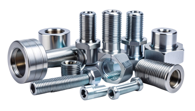 Modern Engineering Hardware Components in Brushed Metal Finish Isolated on solid white background 