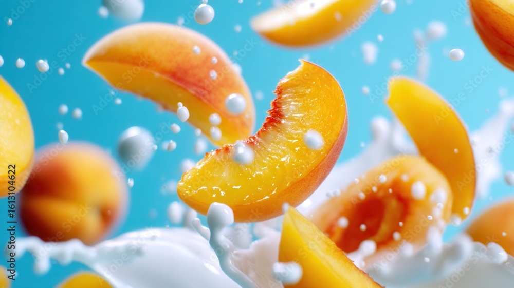Poster peach slices splashing into milky white liquid, creating dynamic droplets against bright azure backg