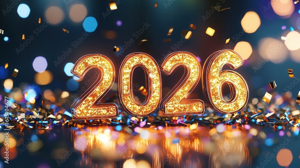 Poster gleaming golden 2026 digits with sparkling texture resting on reflective surface, surrounded by colo