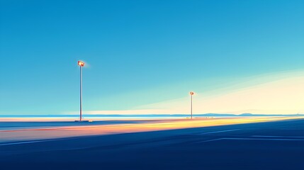 Serene Street Lamps at Sunset: Two solitary street lamps stand under a bright blue sky, casting elongated shadows over the smooth road, painting a tranquil scene of calmness and peace.