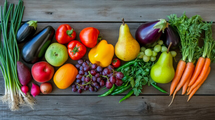 A colorful array of fresh fruits and vegetables arranged on a dark wooden surface.  The vibrant hues and natural textures create a visually appealing display of healthy eating.