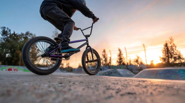 Bmx rider performing tricks at skate park during golden hour