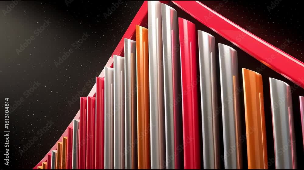 Poster high-tech 3d bar and line chart hybrid showing upward growth with glossy surfaces and black backgrou