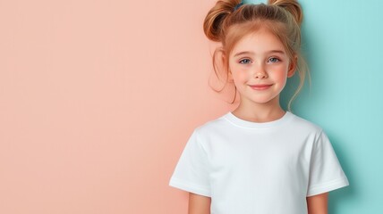 Studio portrait of smiling girl wearing white t shirt posing on colorful background, ideal for showcasing prints or designs