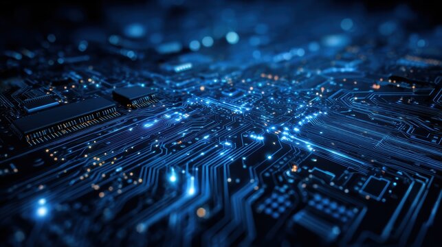 Close-up view of a glowing circuit board showcasing intricate electronic designs and connections.
