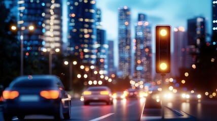 Fototapeta premium Cars driving on a city street at twilight with yellow traffic lights and blurred skyscrapers in the background