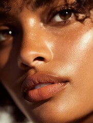 Naklejka premium Lips are presented with clean skin care products Close-up of a woman's face showcasing natural beauty and healthy skin.