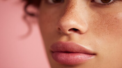 Fototapeta premium Lips are presented with clean skin care products Close-up of a young woman with freckles and full lips against a pink background.