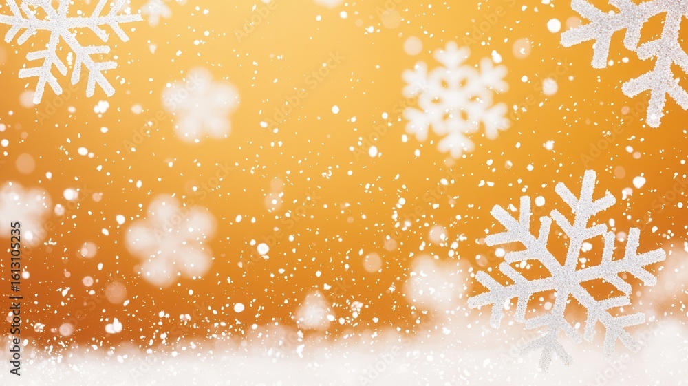 Poster golden background glimmering with falling snowflakes, creating soft bokeh effect perfect for holiday