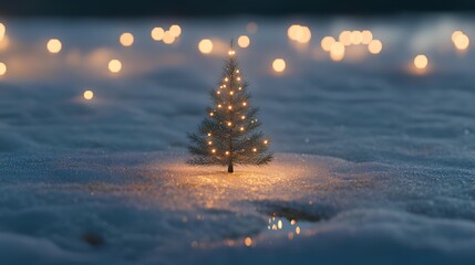 A Sparkling Tree on Snow: A radiant Christmas tree stands gracefully amidst a serene snow, illuminated by twinkling lights, capturing the spirit of the winter season, creating a tranquil scene