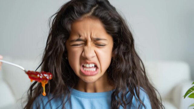 Young girl with long curly hair is grimacing in disgust while being offered a spoonful of jelly, showcasing a humorous reaction to trying unfamiliar food in a bright indoor setting
