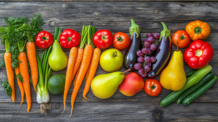 A colorful spread of fresh fruits and vegetables, including carrots, tomatoes, pears, eggplants, grapes, and cucumbers, arranged on a rustic wooden surface.