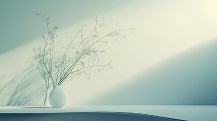 Serene Still Life: A minimalist still life composition features a delicate vase holding slender stems, bathed in a soft, ethereal light, evoking a sense of tranquility and calm.
