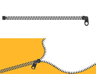 Zipper silhouette, zipper lock or unlock. Fastener slide with puller. Split cloth pulling zip. Apparel accessories simple drawing. © Alyona