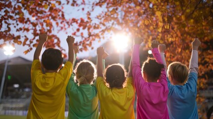 Kids soccer team celebrating goal under stadium lights and autumn foliage