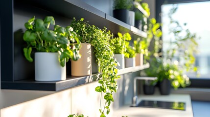 Green Oasis in Kitchen: A curated array of potted plants, bringing a touch of life and freshness into a modern kitchen interior, bathed in soft sunlight.