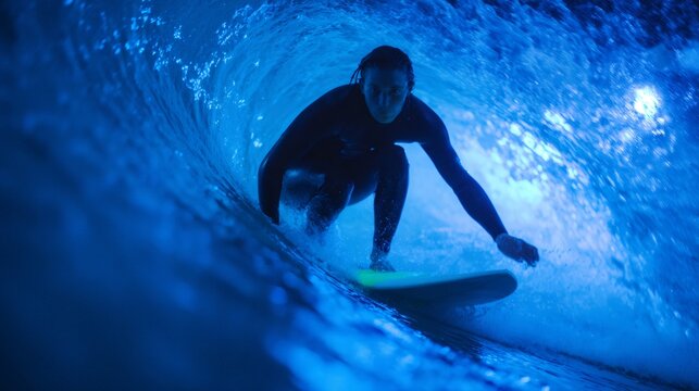 Surfer riding wave on indoor surf machine with led lights