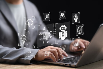 AI agent analyzing data and generates idea concept, Businessman use laptop and AI assistant for work efficiency every day, Automate daily Tasks, Smart AI solutions, Education, Data Analysis, Sales