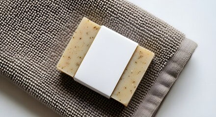 Natural bar soap with speckled texture resting on a textured towel image