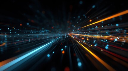 Obraz premium Dynamic digital background showcasing vibrant light trails and particles, representing speed and innovation in technology.