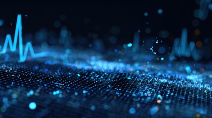 Dynamic digital waveform with glowing blue particles against a dark background, representing sound and data visualization.