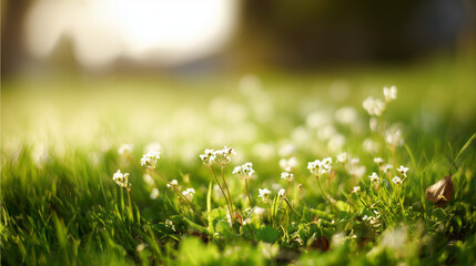 Serene spring meadow with blooming flowers bathed in morning light, creating a peaceful natural setting.