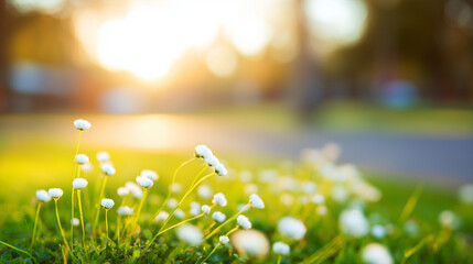 Serene spring meadow with blooming flowers bathed in morning light, creating a peaceful natural setting.