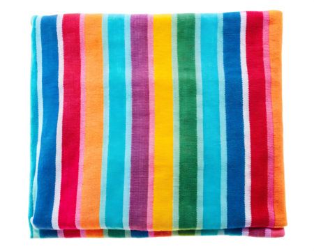 Colorful beach towel with sharp clear stripes isolated on white background PNG.AI Generated.