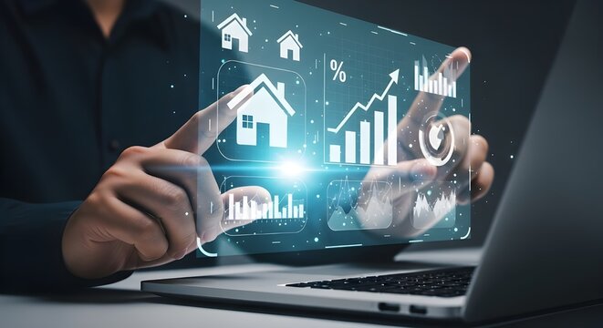 Person interacting with futuristic digital display showing real estate market data and financial graphs - Powered by Adobe