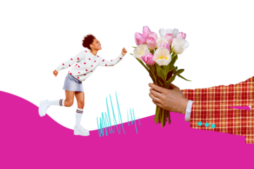 Creative abstract template collage of hands hold bouquet flowers bloom young female receive bizarre unusual fantasy billboard comics