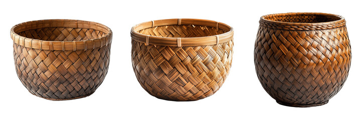 Set of Traditional Handwoven Bamboo Baskets with Intricate Diagonal Patterns and Natural Brown Tones Isolated on Transparent Background