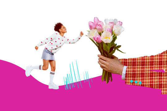 Creative abstract template collage of hands hold bouquet flowers bloom young female receive bizarre unusual fantasy billboard comics - Powered by Adobe