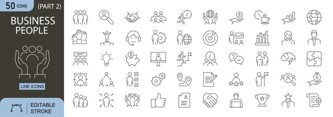 Business People icons set. Includes icons for teamwork, office, manager, employee, handshake, presentation, meeting, communication, leadership, and growth. Ideal for infographics.