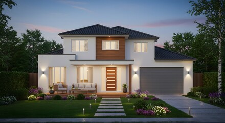 Modern Two-Story House with Wooden Accents and Landscaped Yard at Dusk