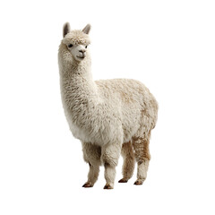 A fluffy white alpaca stands on a transparent background, looking at the camera on transparent background