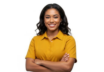 Smiling woman with crossed arms isolated on transparent background