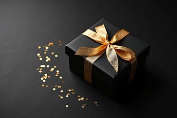 Elegant black gift box with golden ribbon and confetti