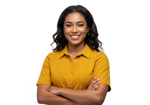Smiling woman with crossed arms isolated on transparent background