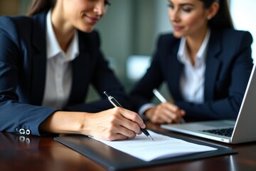 Obraz premium Businesswomen reviewing contract in modern office