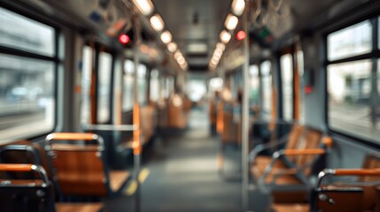Interior of a modern public transport train with empty seats and ambient lighting showcasing urban commuting.