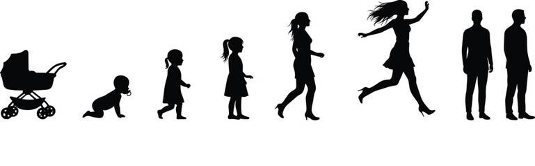 Silhouette Progression of a Female Life from Baby to Adult Woman, Illustrating Growth, Development, Milestones, and Life Stages Journey.