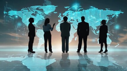 Diverse team plans global strategy with glowing world map, symbolizing interconnected business growth and future innovation. - Powered by Adobe