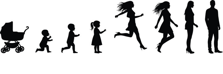 Silhouette Progression of a Female Life from Baby to Adult Woman, Illustrating Growth, Development, Milestones, and Life Stages Journey.