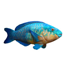 A striking blue parrotfish with orange accents swims gracefully, isolated on white on transparent background