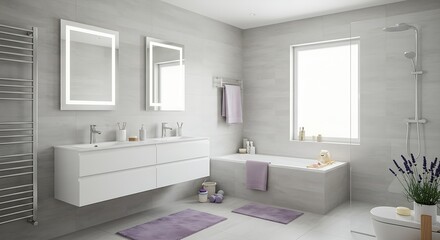 Fototapeta premium Modern Grey Bathroom: Double Vanity, Illuminated Mirrors, Bathtub & Clean Design